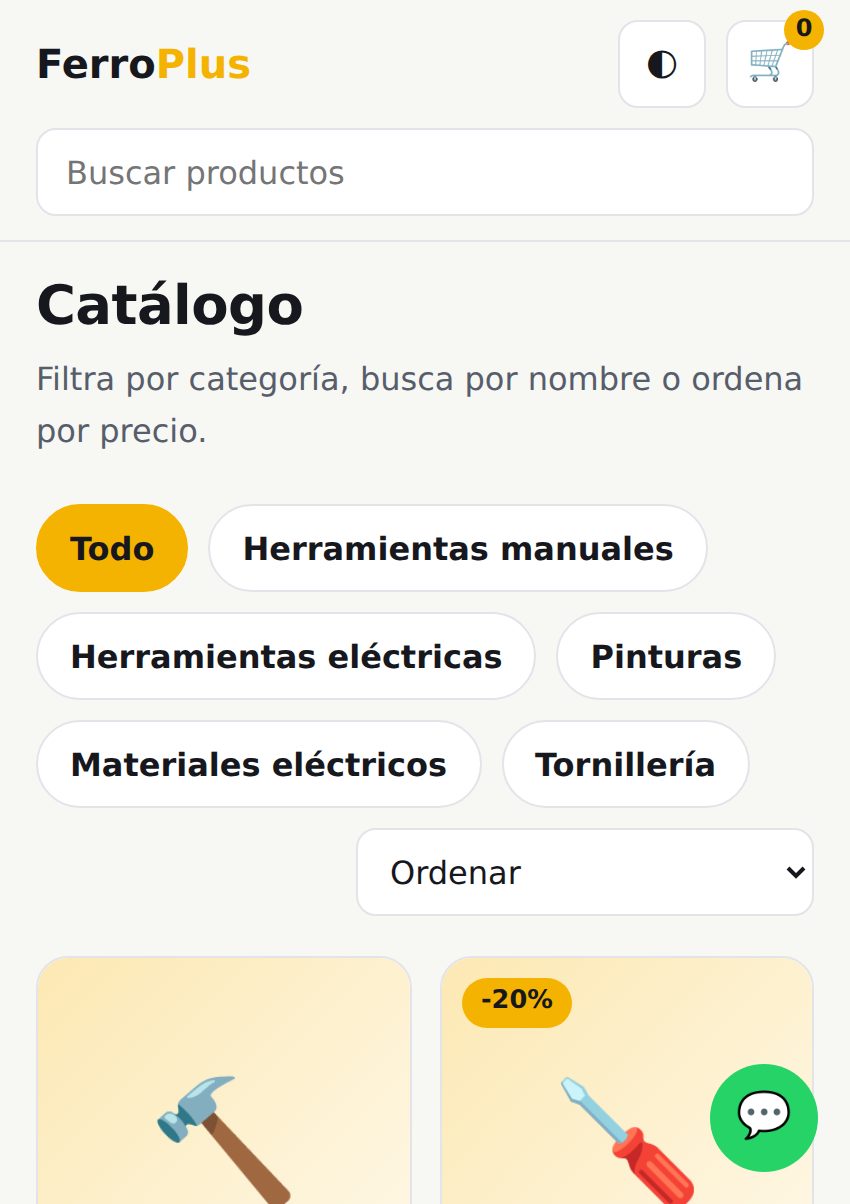 Plantilla de ferretería FerroPlus, vista en celular