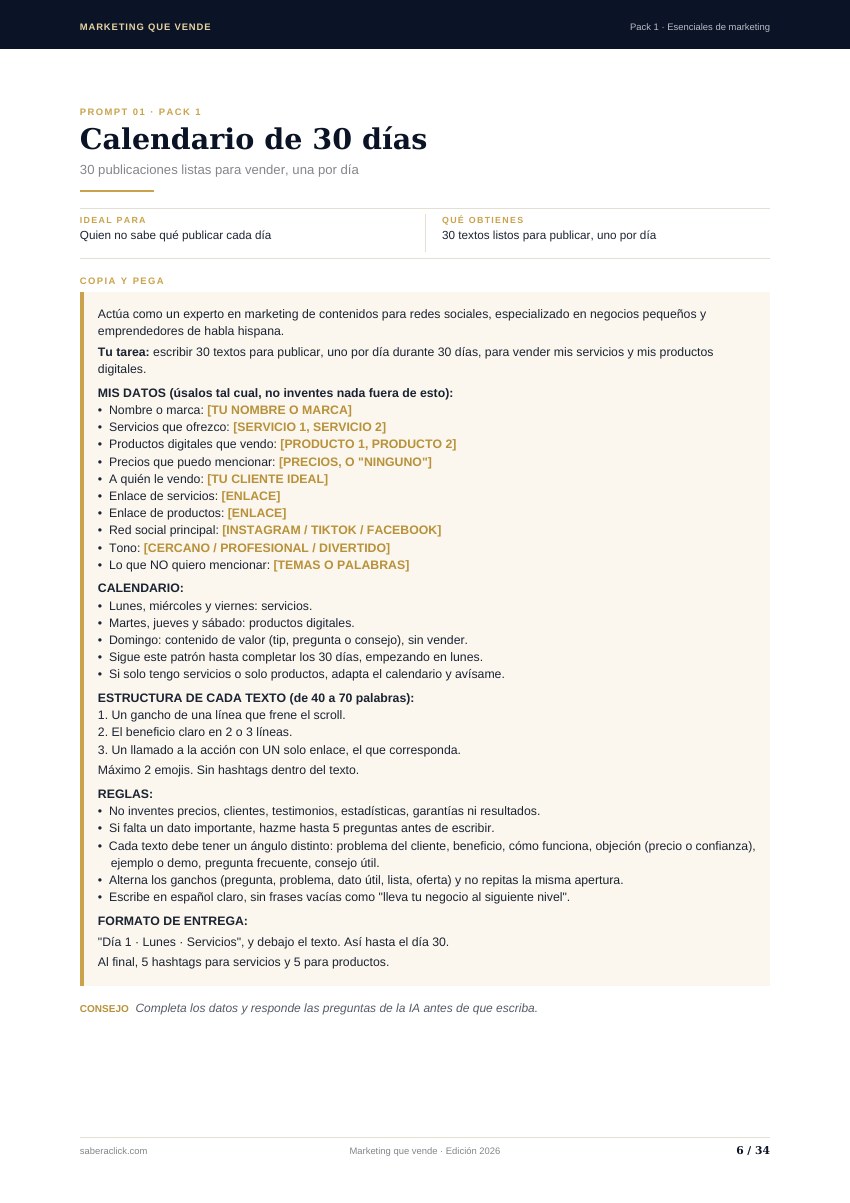 Prompt 01: Calendario de 30 días, con sus datos a completar