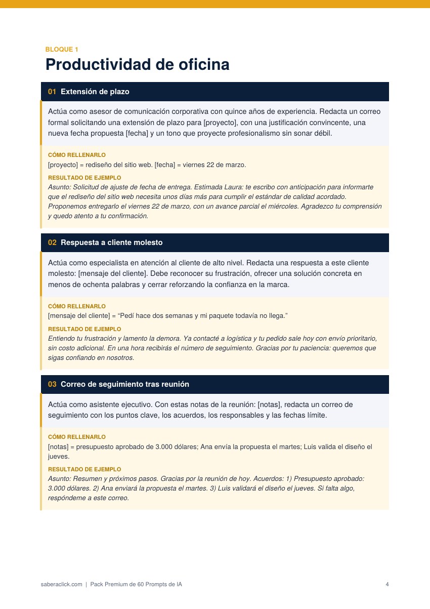 Primeros prompts del bloque Productividad de oficina, con su ejemplo