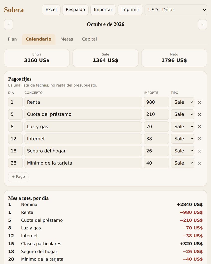 Calendario de pagos con lo que entra y lo que sale